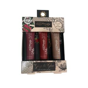 NWT Ed Hardy 3pc Glaze & Glow Lip Oil Set - Includes 3 Iconic Tattoo Charms
